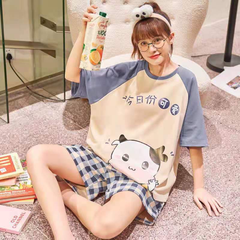 Summer Shorts Set Women's Pajamas Set Cute Cartoon Print Leisure Young Girls Sleepwear Short Sleeve Tops and Shorts Pijamas Women Homewear