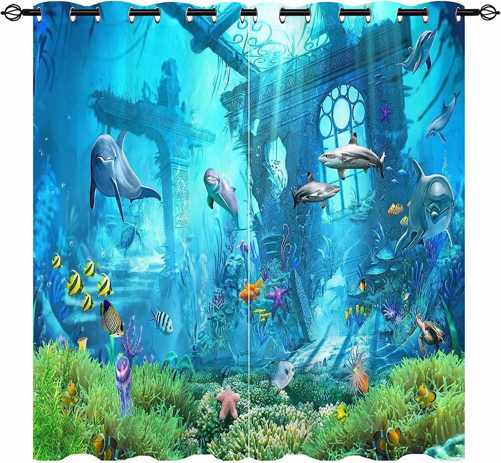 Ocean Animal Landscape Window Curtain, Coral with Nautical Map, Thin, Octopus, Living Room, Bedroom Decor
