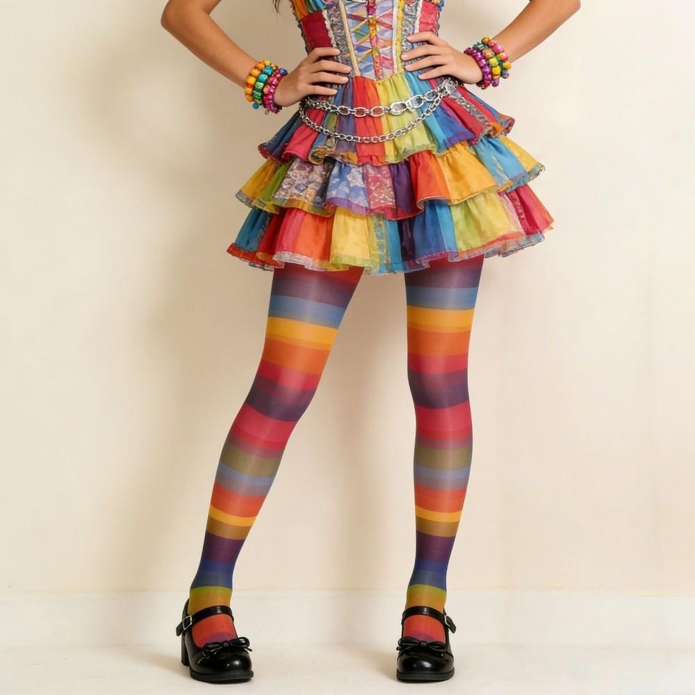 Seamless Colorful Stripes Stockings Elastic Gradient Color Tights Rainbow Pantyhose Girl