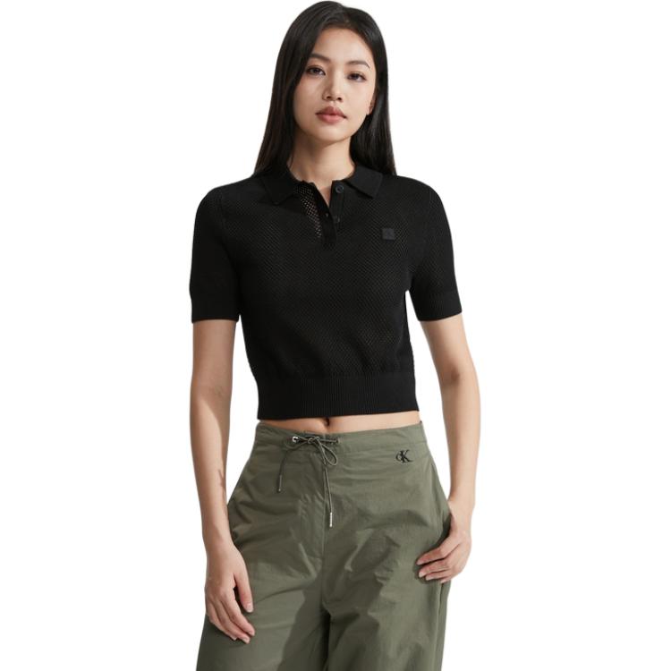 Calvin Klein Minimalist Square Logo Grid Polo Short Sleeve Knit Top Women tops Space-Black J222971-BEH