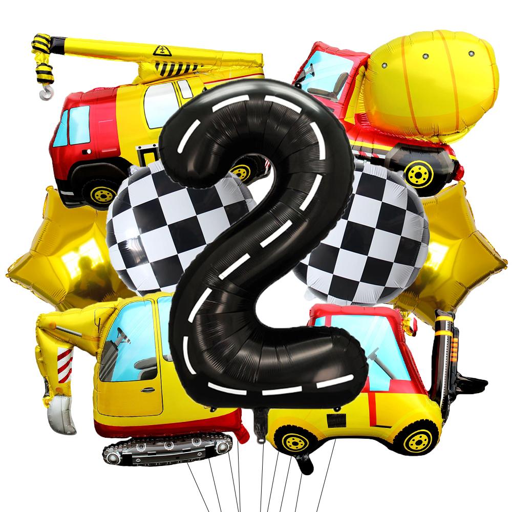 9 Pcs 1set Engineering Theme Foil Balloons With 40Inch Number Birthday Party Ballon Construction Vehicle Tractor Car Balloons