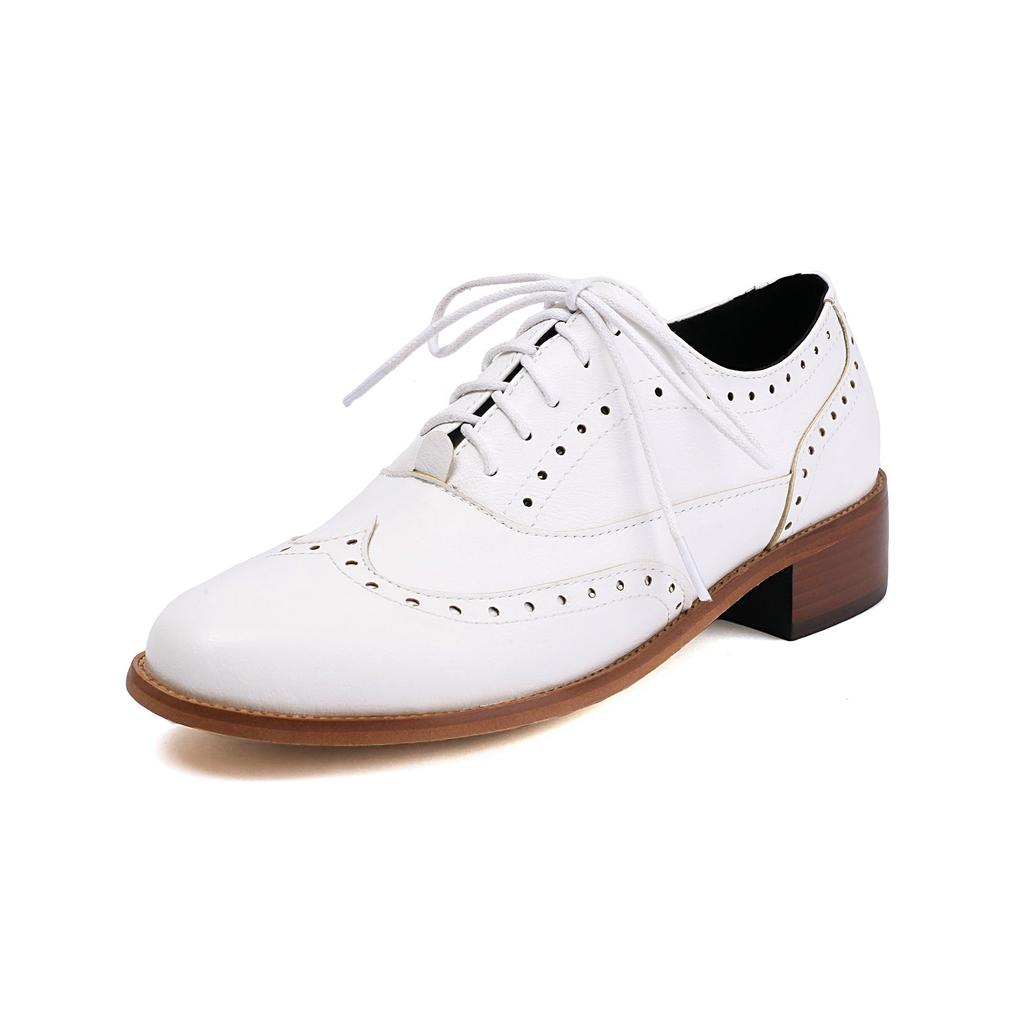 Comfortable Oxfords Flats Stylish Women's Perforated Heeled Brogue Wingtip Classic Lace-up Saddle Shoes Leather Walk Wear