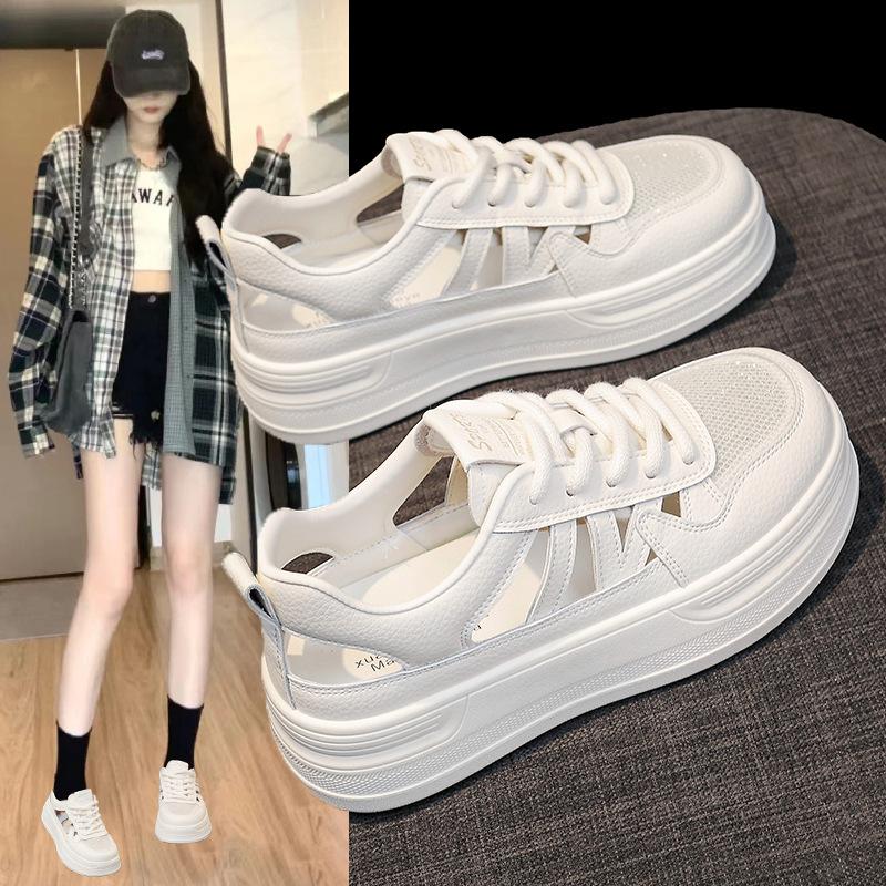 Letnie Siateczkowe Oddychające Białe Sneakersy z Prawdziwej Skóry Damskie Buty na Grubej Podeszwie Buty Sportowe Perforowane Sandały Sportowe