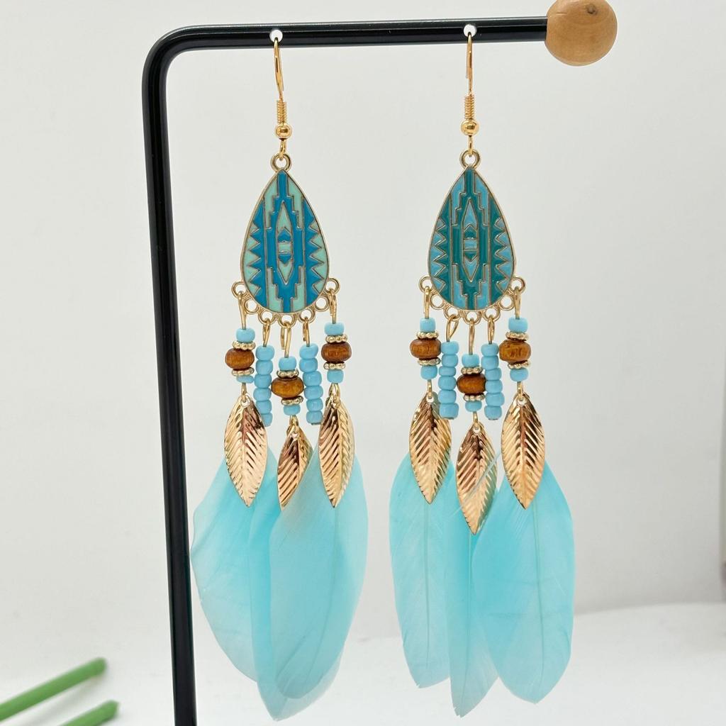Vintage Bohemian Feather Tassel Earrings Exaggerated Ethnic Vacation Dangle Ear Jewelry Fashion Accessories For Women