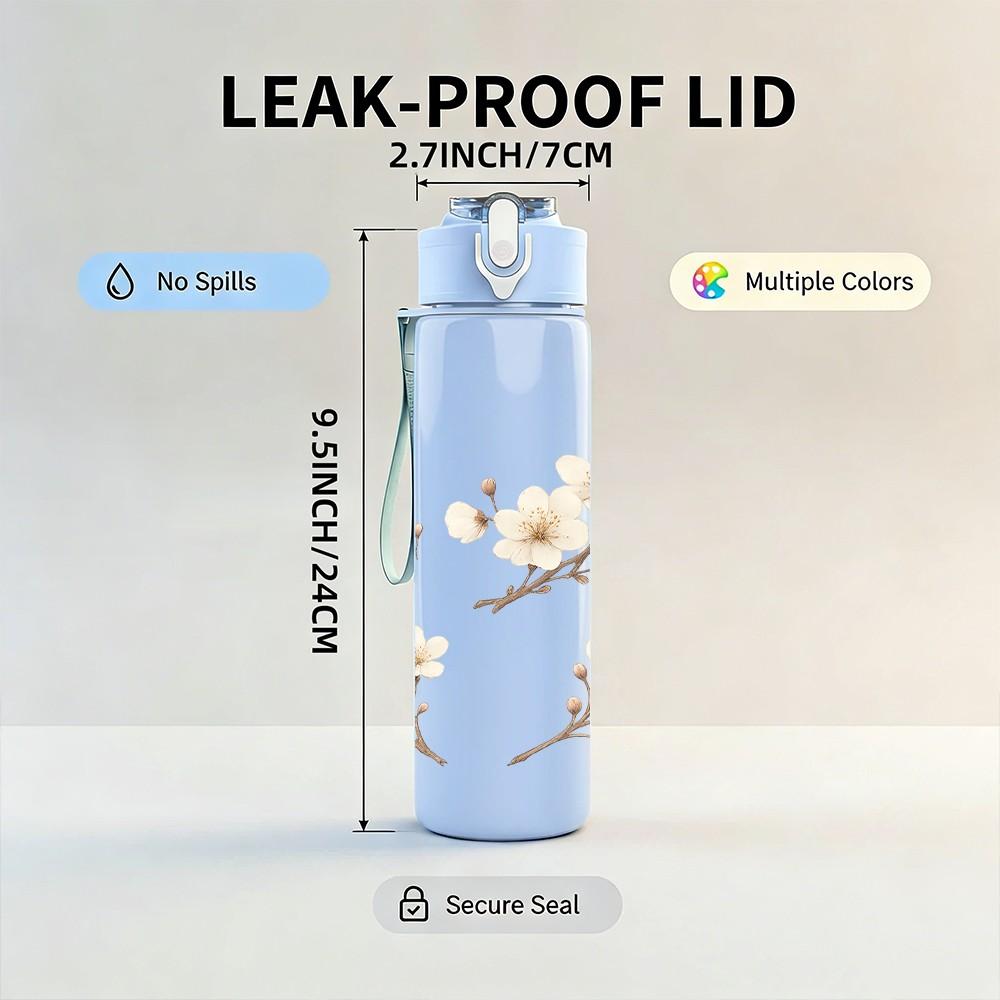 1PC White Magnolia Blossom Branch Print 750ml Color Plastic Sports Water Bottle Leakproof Flip Straw Lid Suitable for Sports Office Home Use