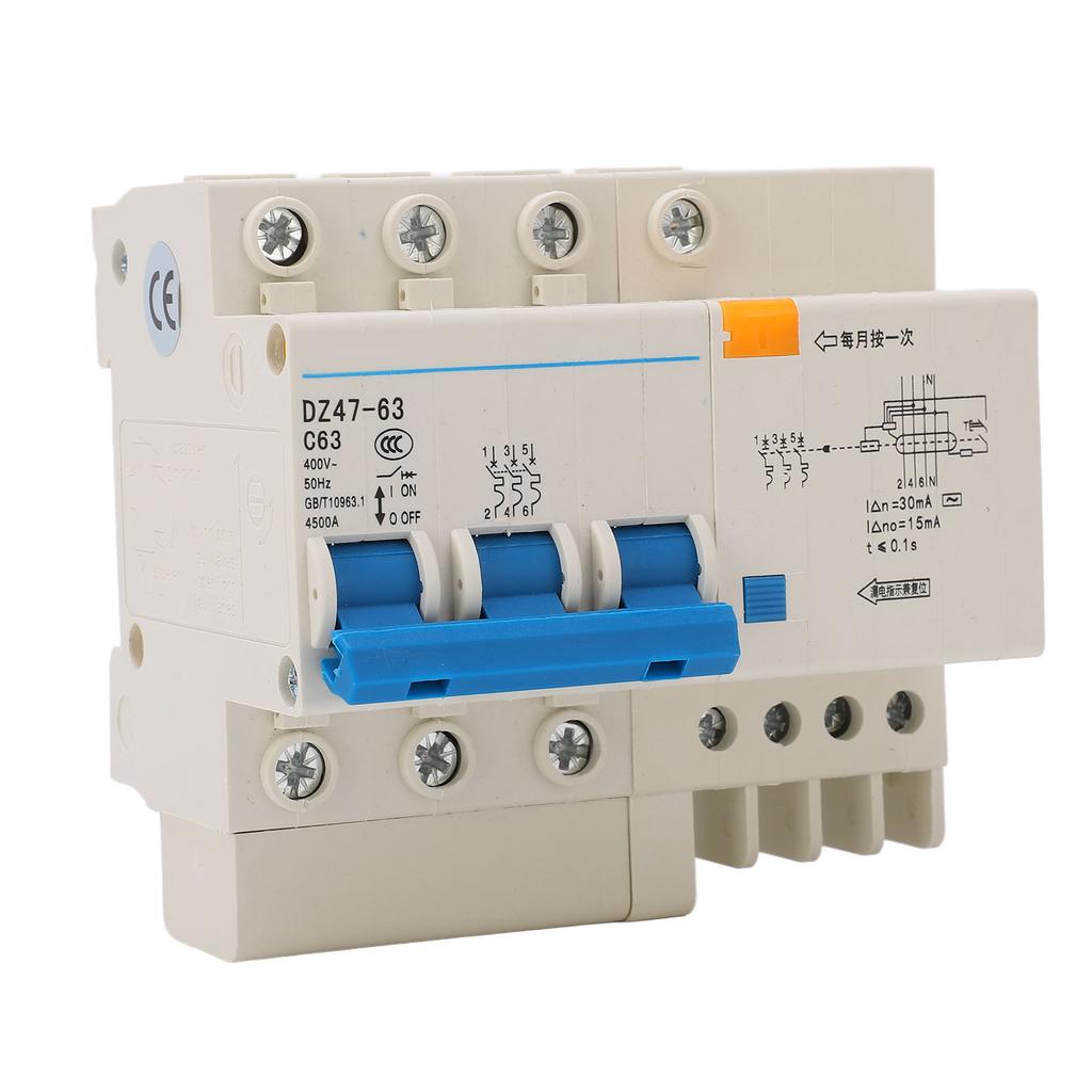 Circuit Breaker 3P and N MCB DIN Rail Mount 4500A Breaking Capacity 400V 63A for Home Office