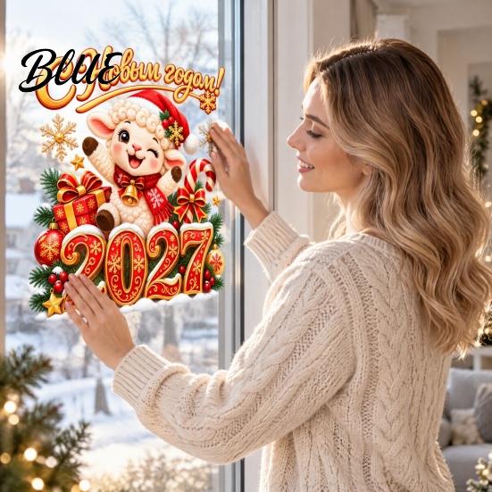 No Glue Glass Stickers 2027 Russian New Year Static Stickers of Goat PVC Window Decals for Clings Home and Shop Decoration Cute Lamb Pattern