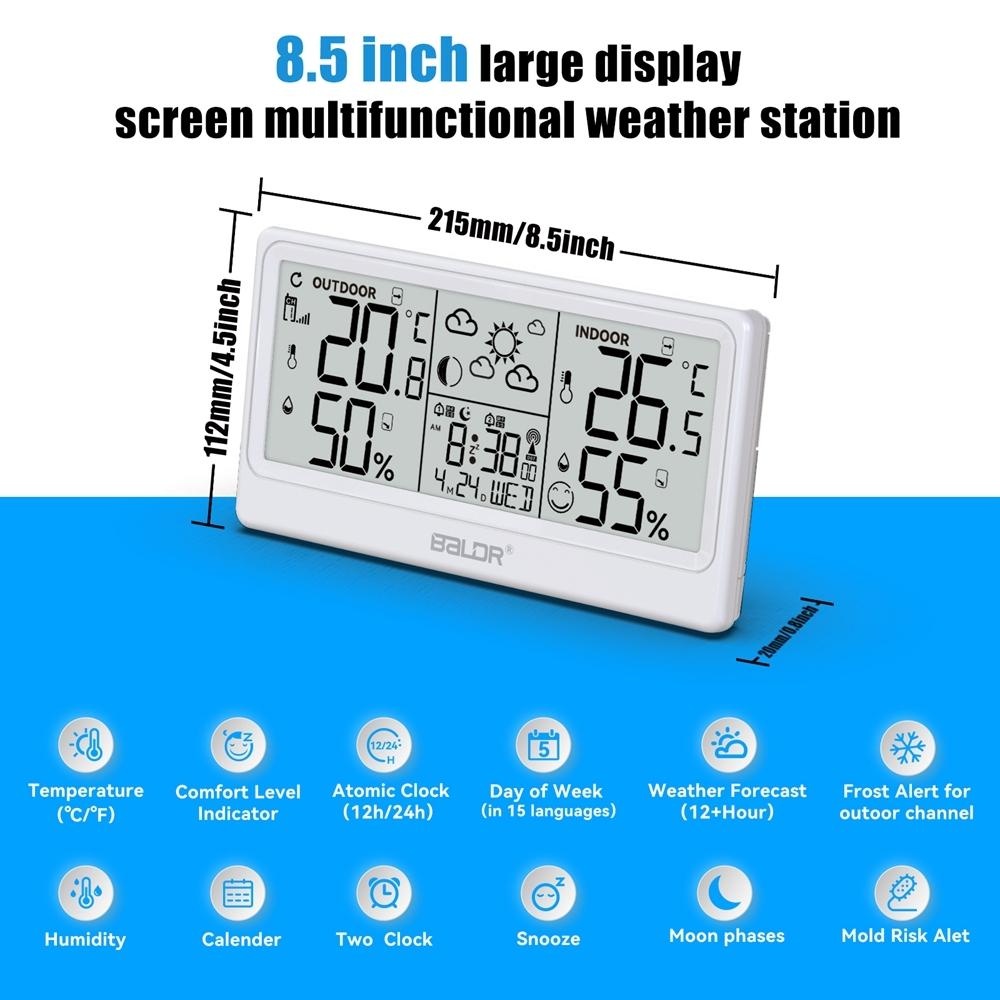 Baldr 8.5" Large Screen Weather Station RCC Atomic Alarm Clock Thermometer Hygrometer Moon Phases 100M Wireless Outside Forecast