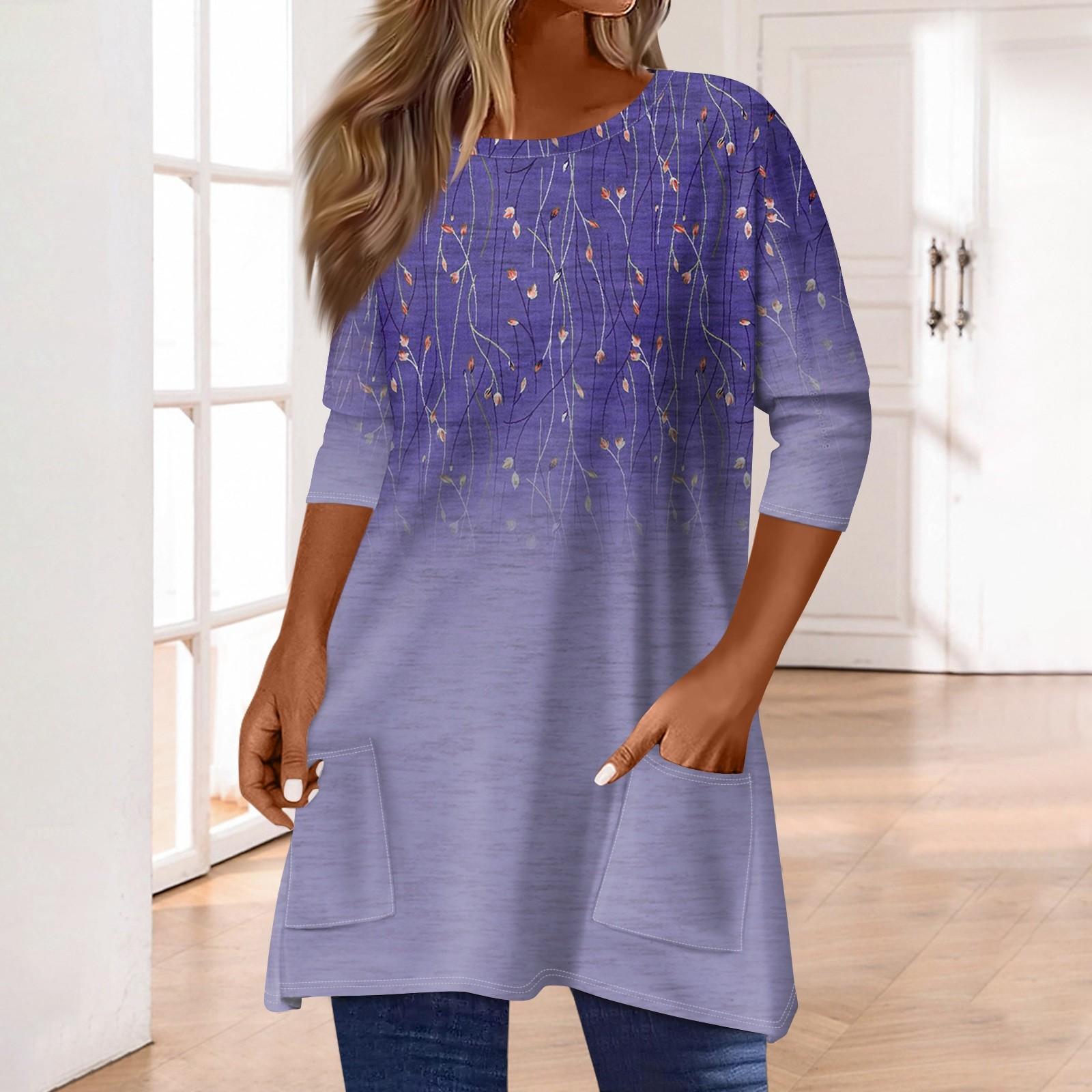 

3/4 рукава кармана топы для женщин футболка повседневный принт средней длины топы футболка круглый вырез пуловер блузка M