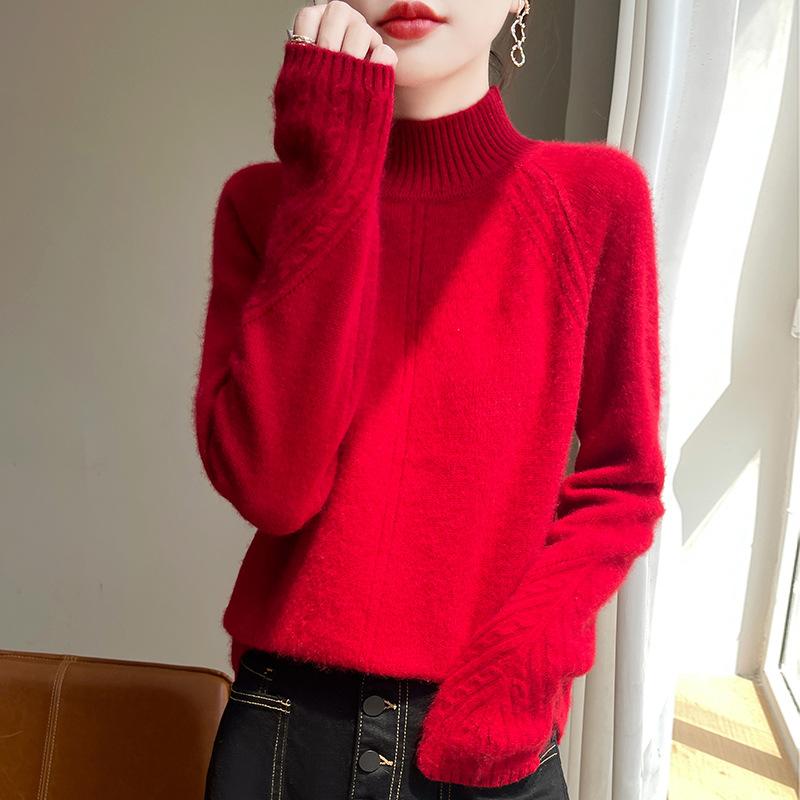 

Утепленный кардиган с полувысоким воротником для женщин на осень и зиму, новый модный и универсальный теплый кашемировый вязаный базовый свитер XXL красный