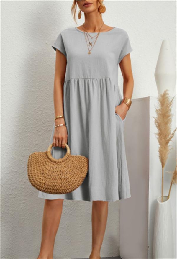 Fashion Summer OL Temperament Women's Clothing Cotton and Linen Round Neck A-shaped Skirt Large Size Loose Dress