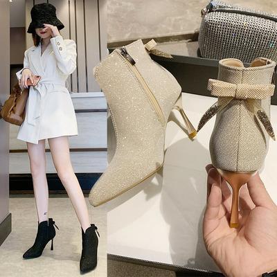 2024 Autumn New British Style Pointy Fine Heel Diamond Martin Boots Women's Side Zipper Fashion High Heel Ankle Boots