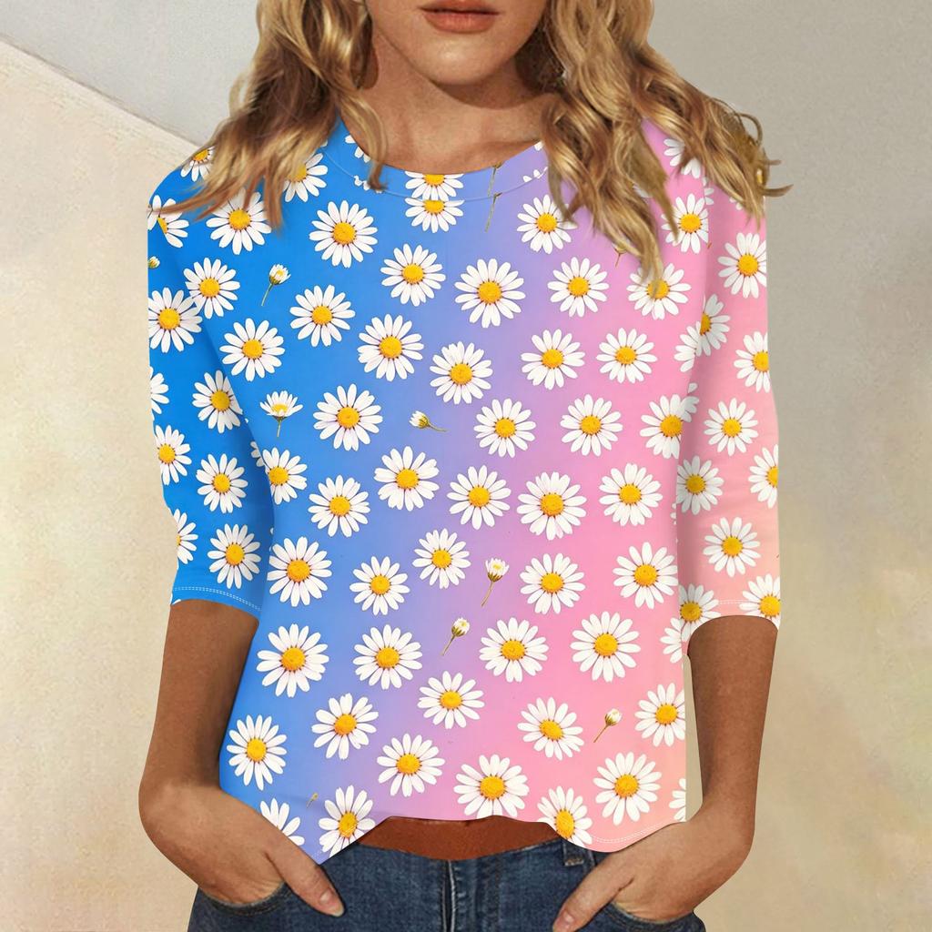Women's Casual Three Quarter Sleeve Floral Print Round Neck Top Lightweight Comfortable Fit Everyday Wear