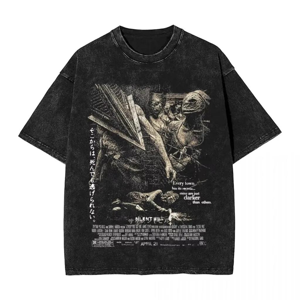 2026 Horror Silent Hill Heavens Night Ausgewaschener Print T-Shirts Hip Hop T-Shirt Street Streetwear Unisex Kurzarm Oberteile Oversized T-Shirt