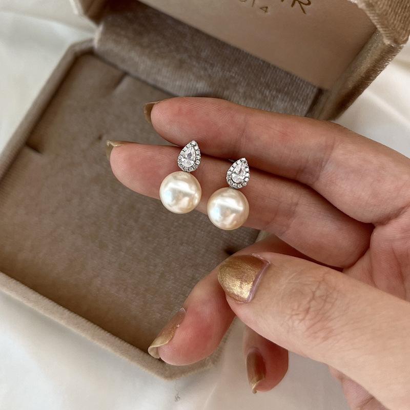 Full Diamond Drop Pearl Earrings Zirconia Inlaid Design Light Luxury Senior Sense Women's Gentle Temperament Ear Jewelry
