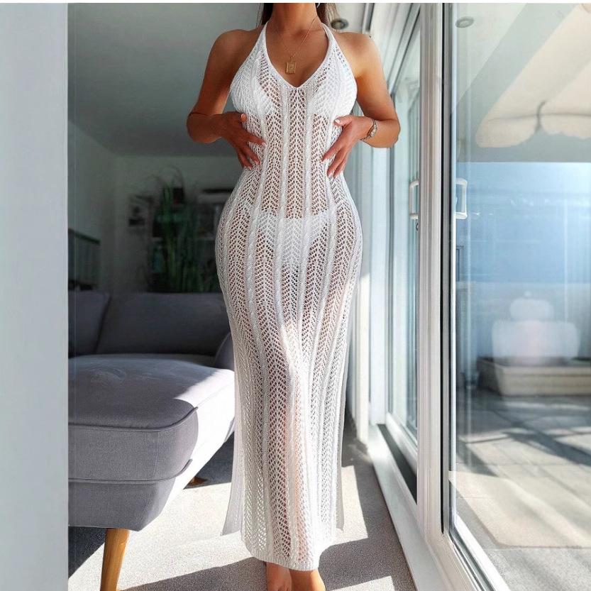 

Sheer Halter Neck Backless Beach Dress - Slimming and Sleeveless Medium белый