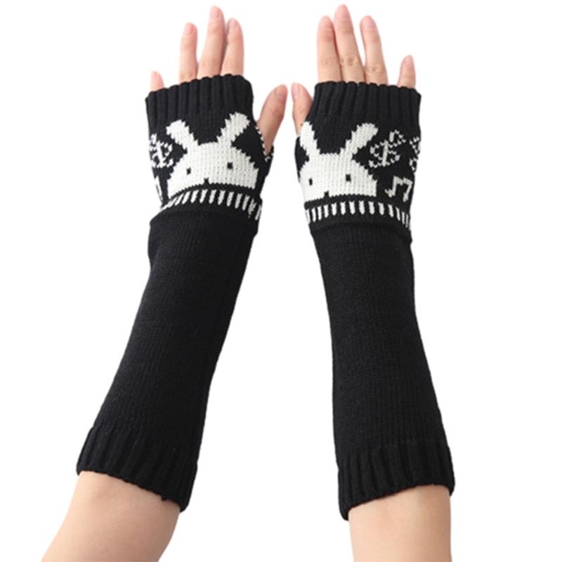 Womens Winter Warm Elbow Long Fingerless Thumb Hole Gloves Mittens Knitted Arm Warmer Cute Rabbit Fingerless Glove