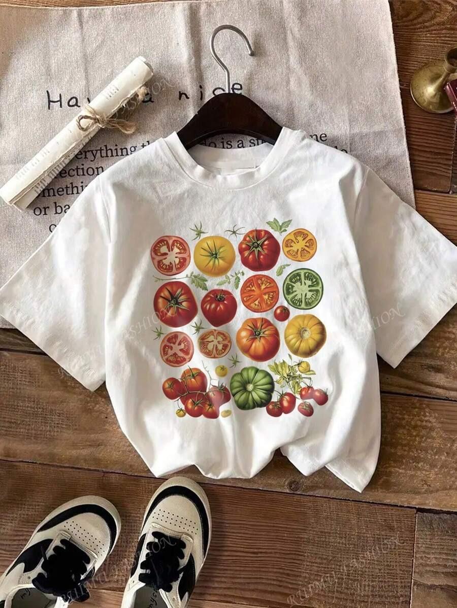 

Cute Tomato Print Womens TShirt Short Sleeve Cotton Cute Aesthetic Streetwear Tops Garden Shirt Cottagecore Female Clothing S