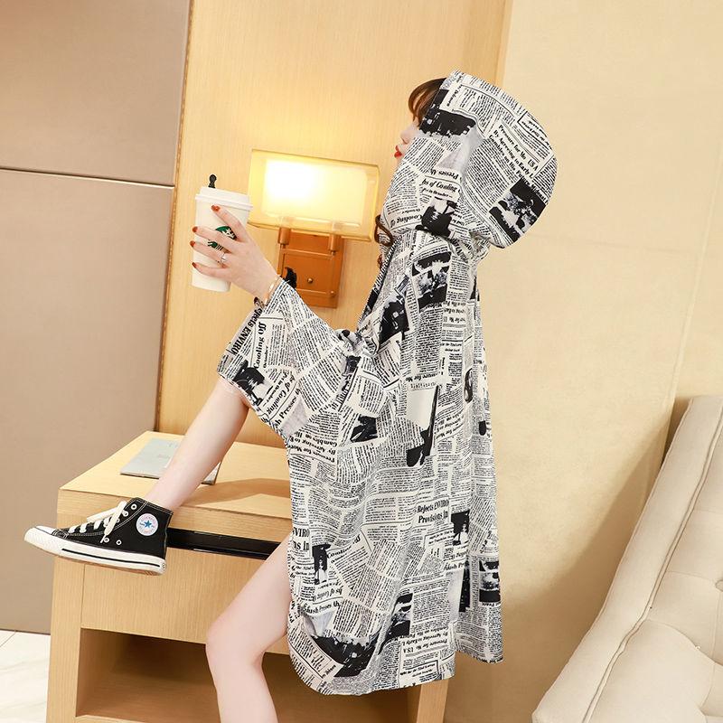Plus Size Women Summer Oversized T Shirt Long Sleeve Tops Vintage Print Irregular Hooded Pullovers Casual Clothing