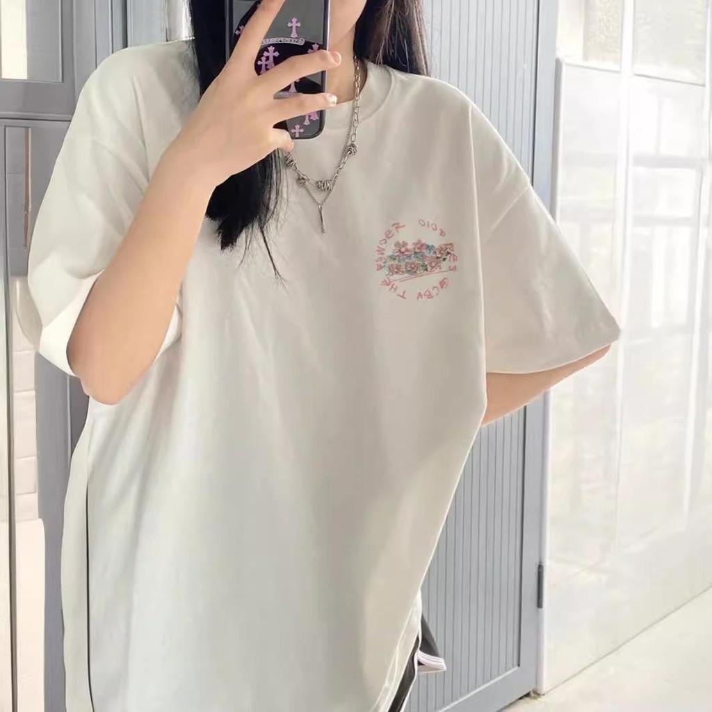 Weißes Baumwoll-Oversized-T-Shirt mit gerader Schulter, Damen-Sommerkollektion 2024, lockeres Kurzarm-Oberteil für Paare