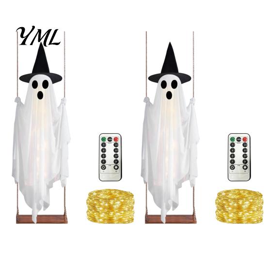 Dekoratives Gespenst für Veranda Leuchtende Halloween Hängeschaukel mit Hexenhut, Fernbedienung Einstellbare Gruselige Ornamente Helligkeit,