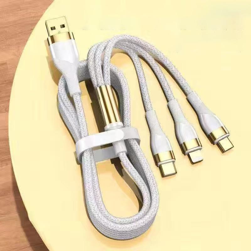 Gold-plated Braided 3-in-1 Data Cable Suitable for Super Fast Charging of Huawei and Apple phones100W Zinc Alloy Charging Cable