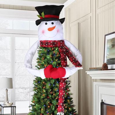 Christmas Tree Topper Large Snowman Hugger-Black Topper Snowman With Red Black Plaid Scarf Tree Topper