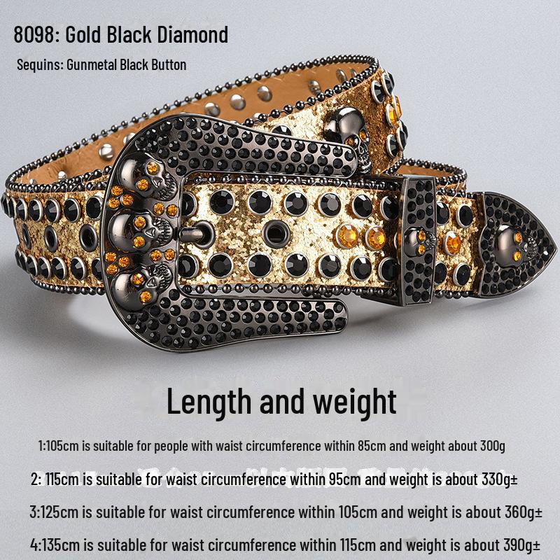 Curea de lux cu cataramă cu strasuri și craniu închis la culoare, cu paiete și diamante