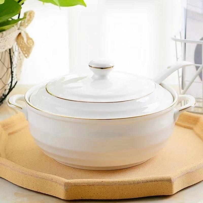 Ceramic Soup Pot Nordic Phnom Penh White Round 1.4L Large Bowl with Lid Cooking Utensils Household Kitchen Supplies Tableware