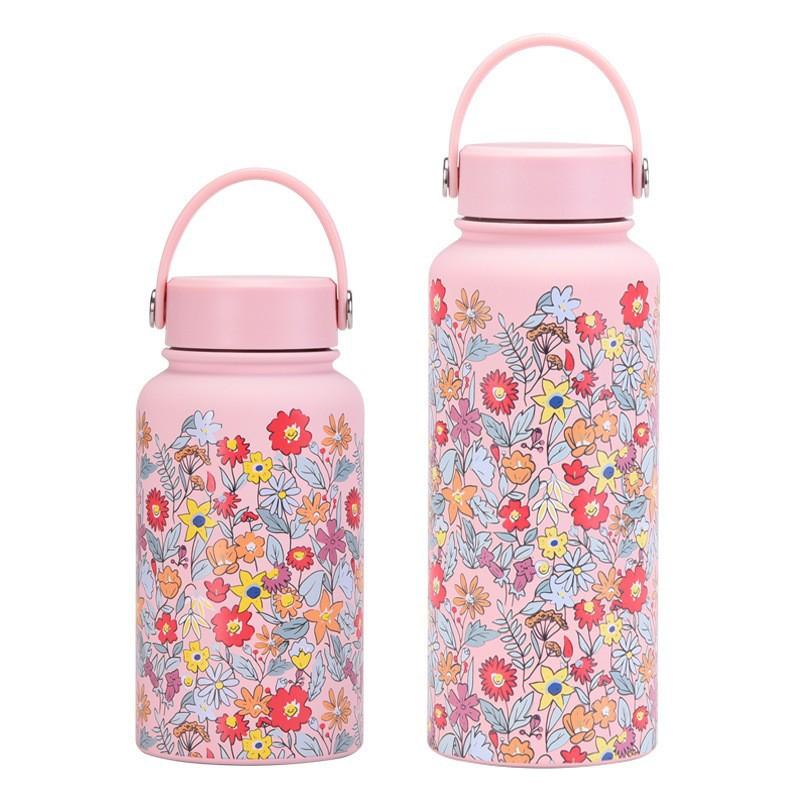 Large Capacity Thermos Cup Wide Mouth Portable Outdoor Sports Kettle Straw Cup Set Printed Water Cup