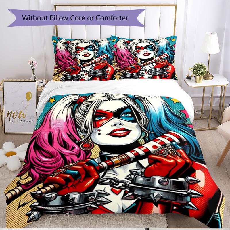 3pcs Duvet Cover Set (1*Duvet Cover + 2*Pillowcase, Without Core), Harley Quinn Joker Print Soft All‑Season Bedding Set, Home Bedroom Decor Gift