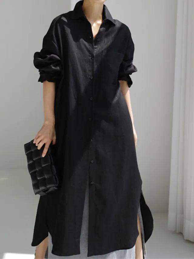 Women Lapel Collar Linen Cotton Long Shirt Dress,Loose Single-Breasted Long Sleeve Maxi Dress Casual Split Tunic Cover-Up S-2XL