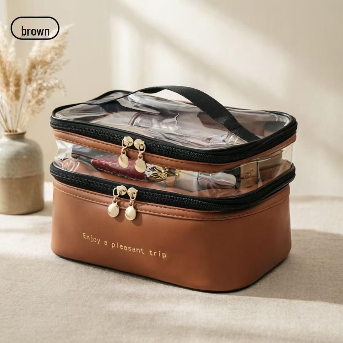 

Large Capacity Waterproof PU Makeup & Toiletry Bag – Double Layer, Transparent, Portable, Fashionable Travel Case for Women