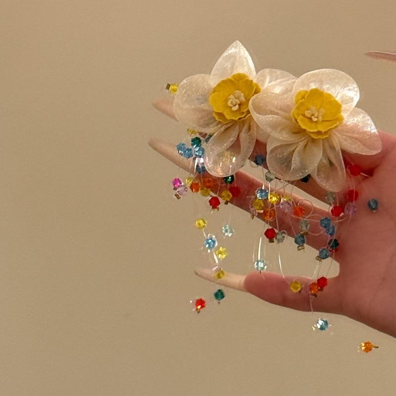 Coast Time~ Holiday Wind Yellow Flower Stud Earrings Women s Color Beaded Tassel Earrings Premium Exaggerated Earrings