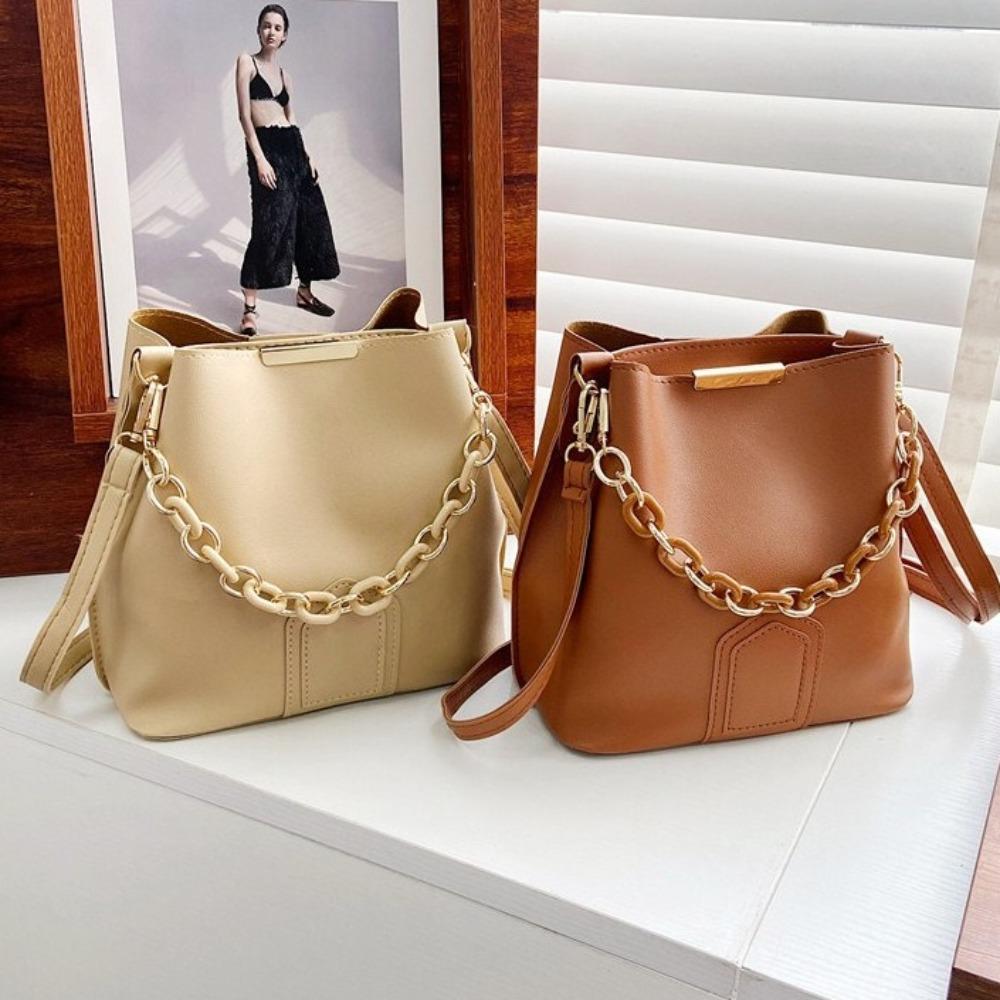 Handbag PU Leather Handbag Soild Color Chain Crossbody Bag Elegant Women Bucket Bag  Travel