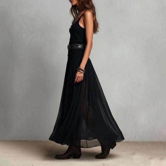 Women's Sleeveless Tank Dress Mesh Patchwork Ruched A-line Long Dress Summer Flowy Beach