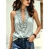 Women Ruffle Trim Halter Neck Top Sleeveless Button Down Casual Solid Color V Neck Blouse