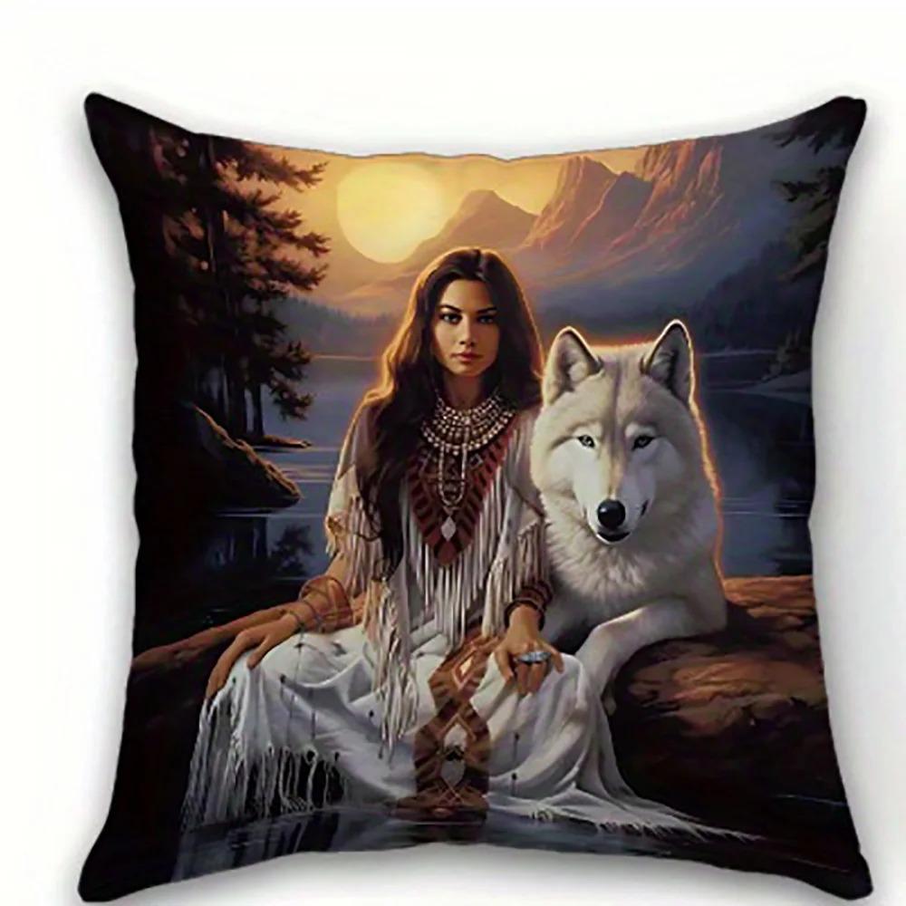 Tribal Spirit Eagle Woman Pillowcase 2D Flat Printed Peach Skin Pillow Cover Wild Animal Art Cushion Case for Bedroom Couch