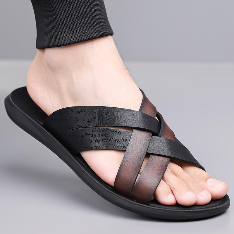 Herren Schwarz Leder Pantoffeln Handgemacht Einfache Flats Sommer Weiß Outdoor Römische Sandalen Offene Zehe Strandschuhe Übergröße
