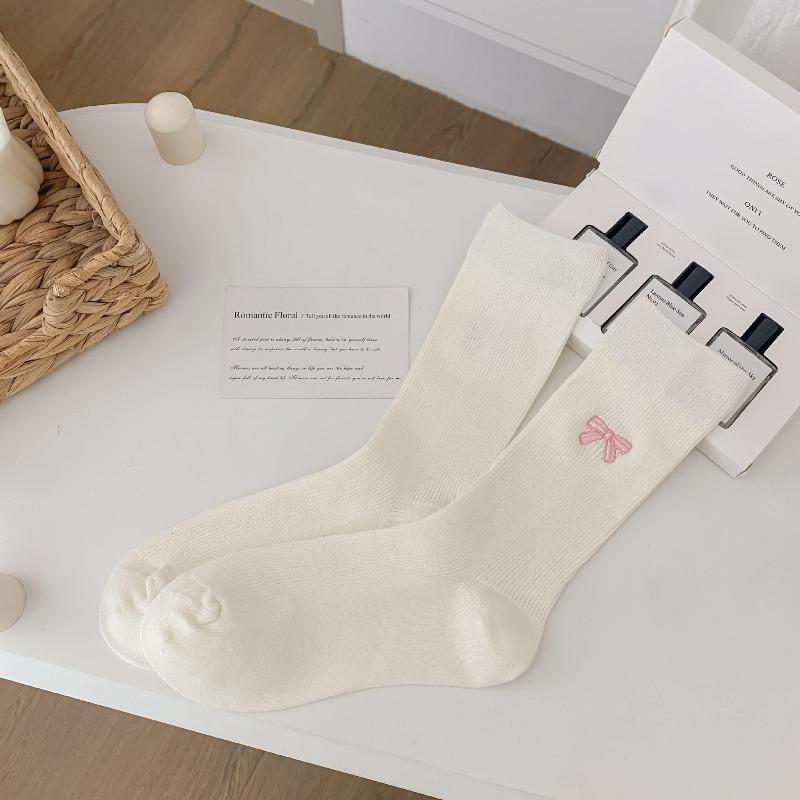 Gray Pile Socks - Spring and Autumn Embroidered Bow Tie Socks - Children's White Double-needle Cotton Socks - Boneless Mid-calf Socks