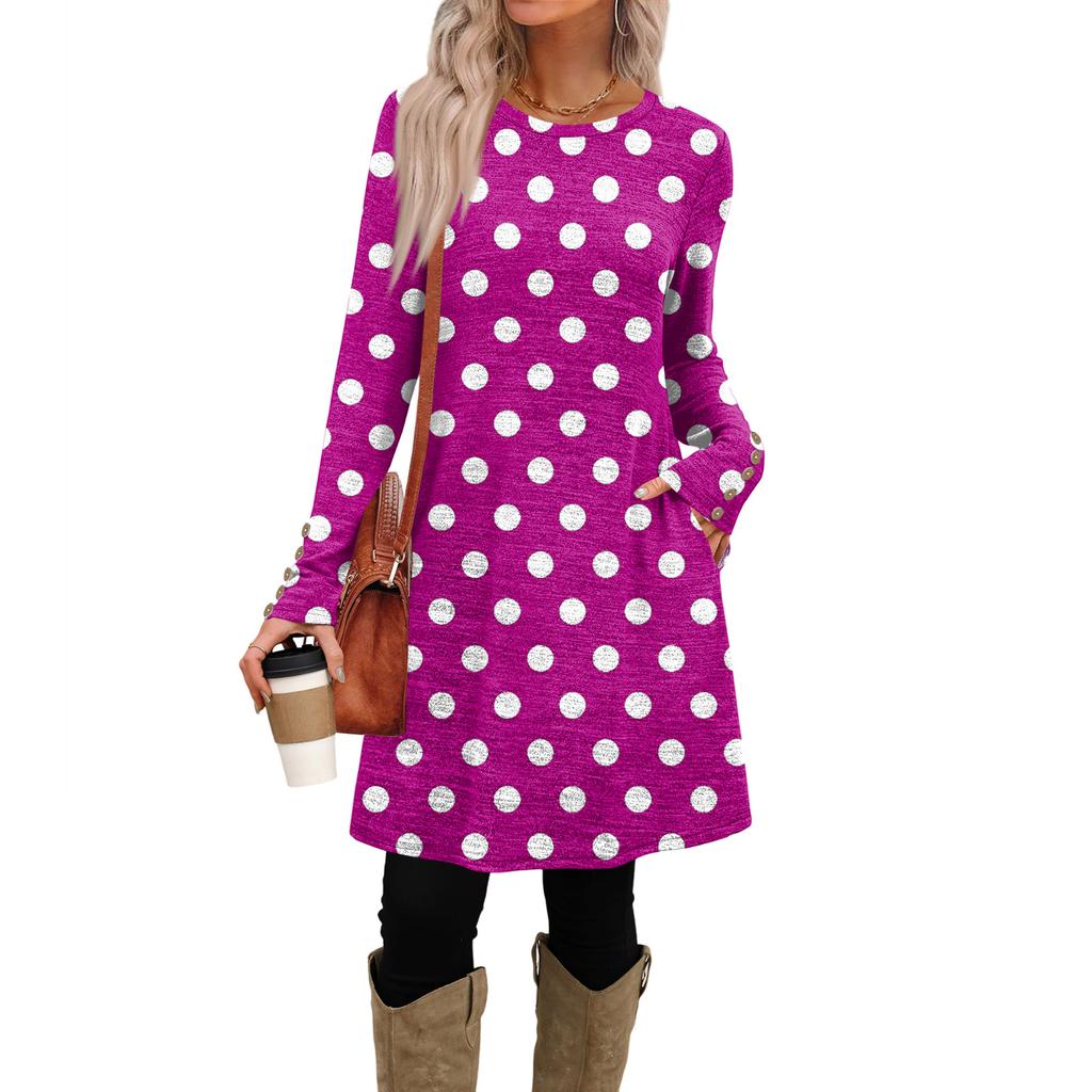 Women's Fashion Casual Dress With Pockets, Decorative Buttons, Polka Dot Prints, Round Neck And Long Sleeves