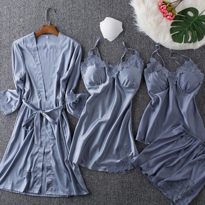 Women's Silk Five-Piece Pajama Set: Spring/Autumn Nightdress & Robe with Chest Pad