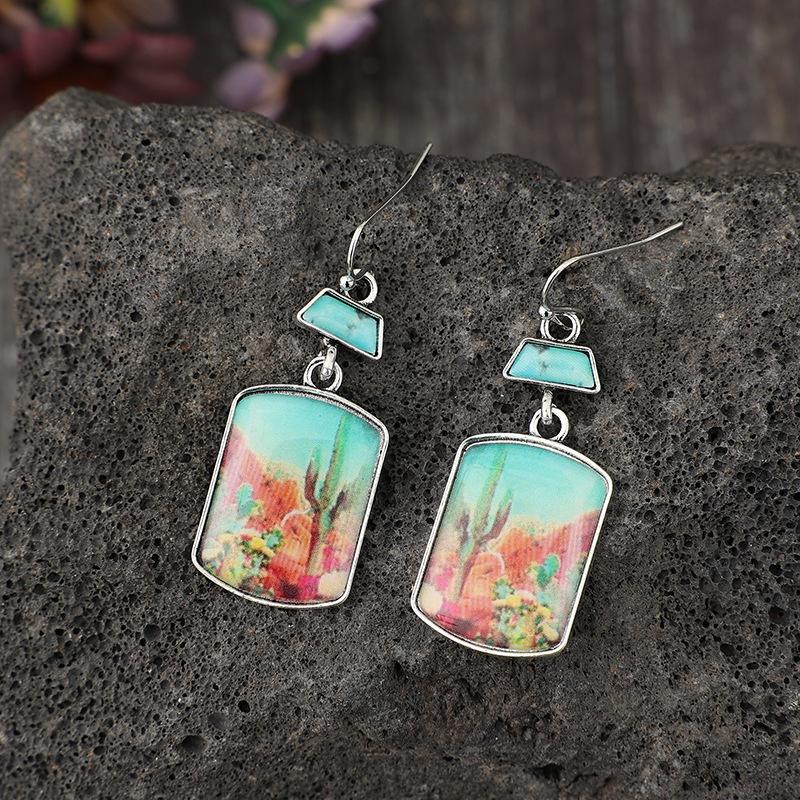 Vintage Western Silver Color Geometry Square Desert Cactus Dispensing Dangle Earrings for Women Accessories