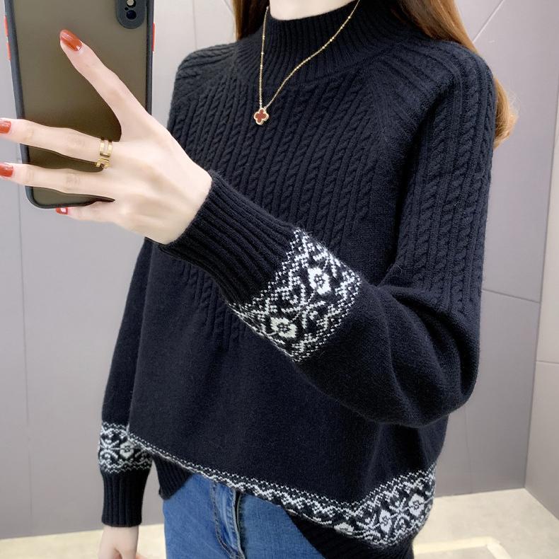 Autumn Winter Women's Half Turtleneck Sweater Loose Thick Pullover Knitted Top Jacquard Elastic Knitted Top Jumper.