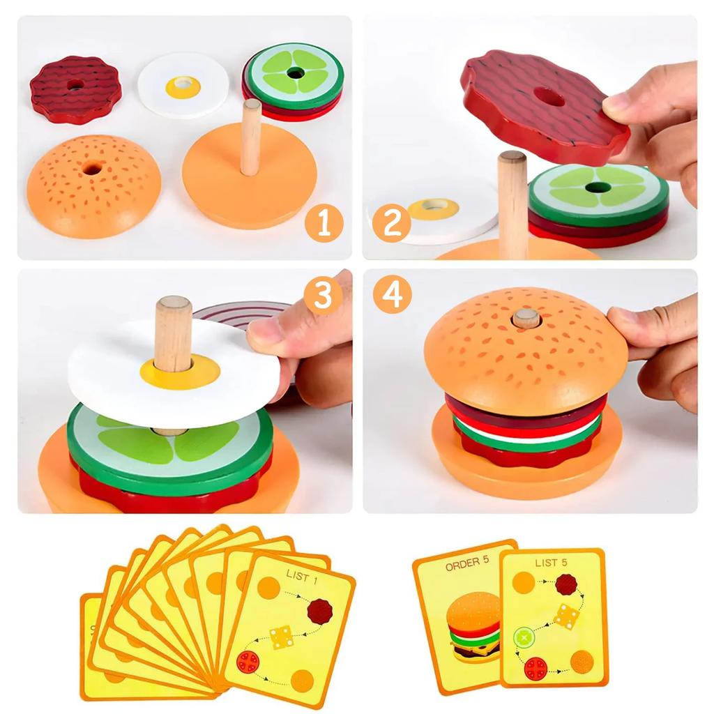 Burger Sandwich Montessori Toys Wooden Stacking For Kids Kitchen Food Preschool Learning Educational Toys Fine Motor Skills Present