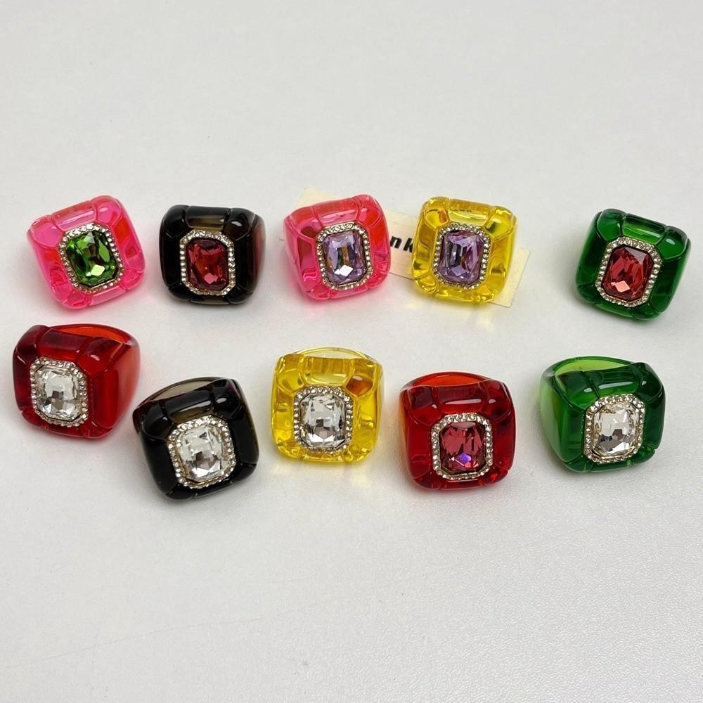 New Colorful Rhinestones Ring Three-dimensional Elegant Jewelry Finger Ring Geometric Square Ring Jewelry Accessories