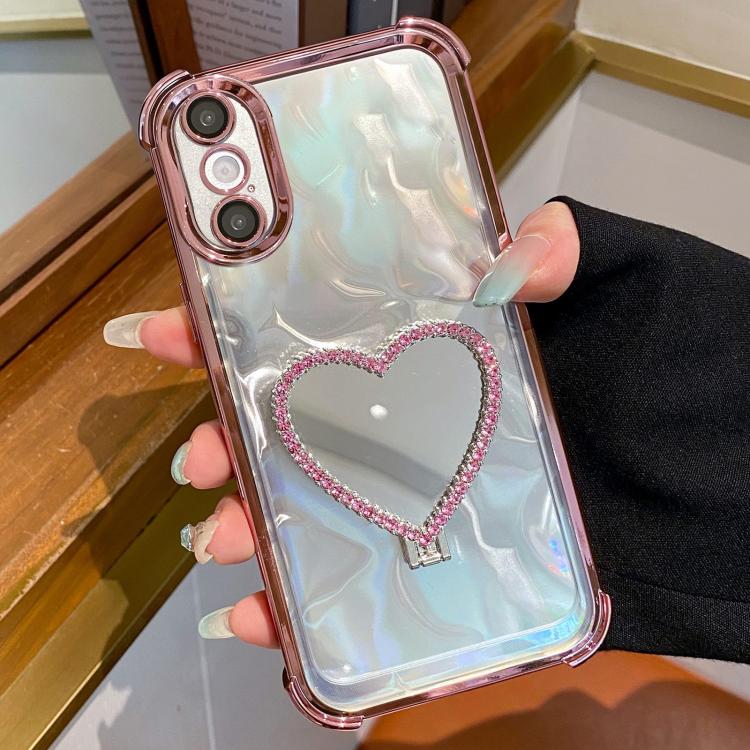 Heart-shaped Mirror Electroplated TPU + Acrylic Phone Case with Holder