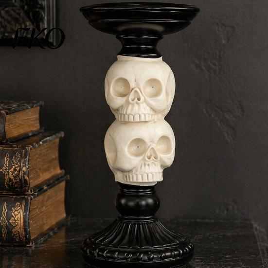 Gothic Candle Holder Halloween Candlestick Decoration, Raven Skull Holder, Three Dimensional Decor Spooky Taper Stand for Tabletop Home Matte Black