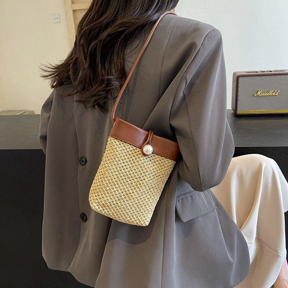 

Pearl Buckle Weave Straw Bag Shoulder Bag Mobile Phone Bag Cute Beach Bag Travel