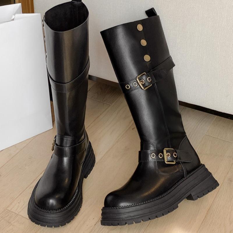 Black Retro British Style Thick Heel Platform Boots Women's 2025 Autumn and Winter New Boots Tall and Thin Knight Boots
